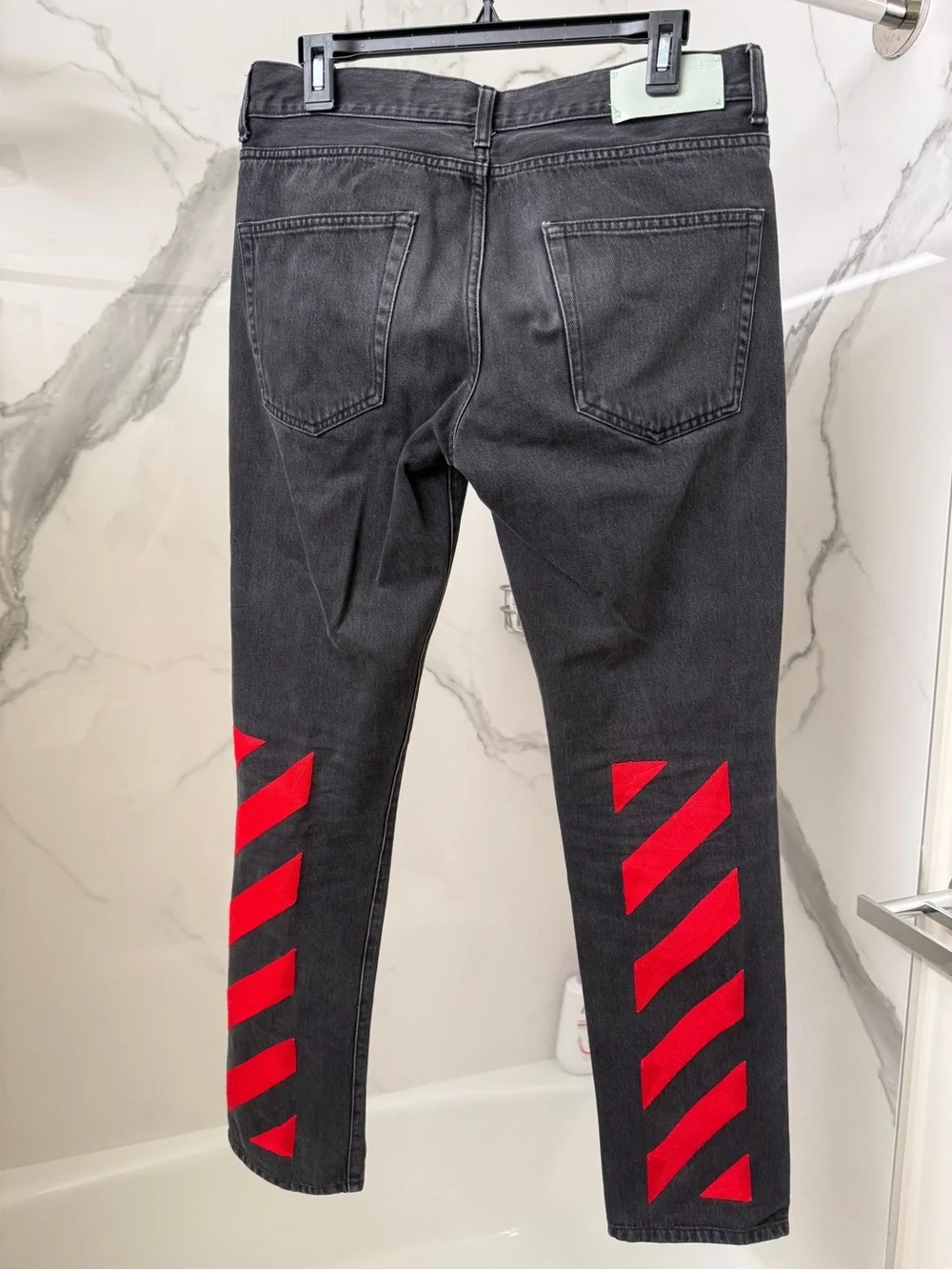 Men's Black Denim Jeans with Embroidered Red Diagonal Accents - Picture 1 of 8